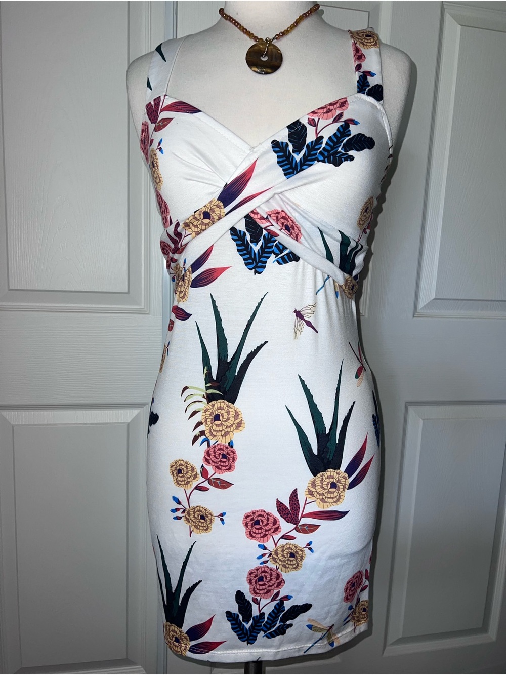 SHEIN White Floral Twist-Front Mini Dress with Navy & Green Accents